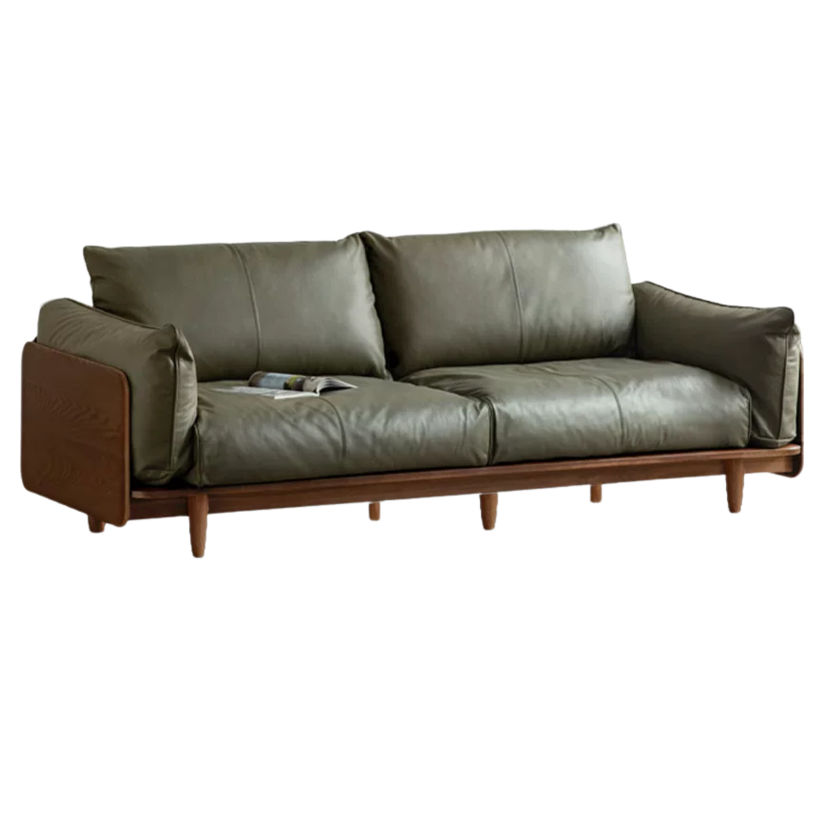 Oak, Ash Solid Wood Sofa with Exposed Wide Arms, High-Back, Genuine leather -fabric