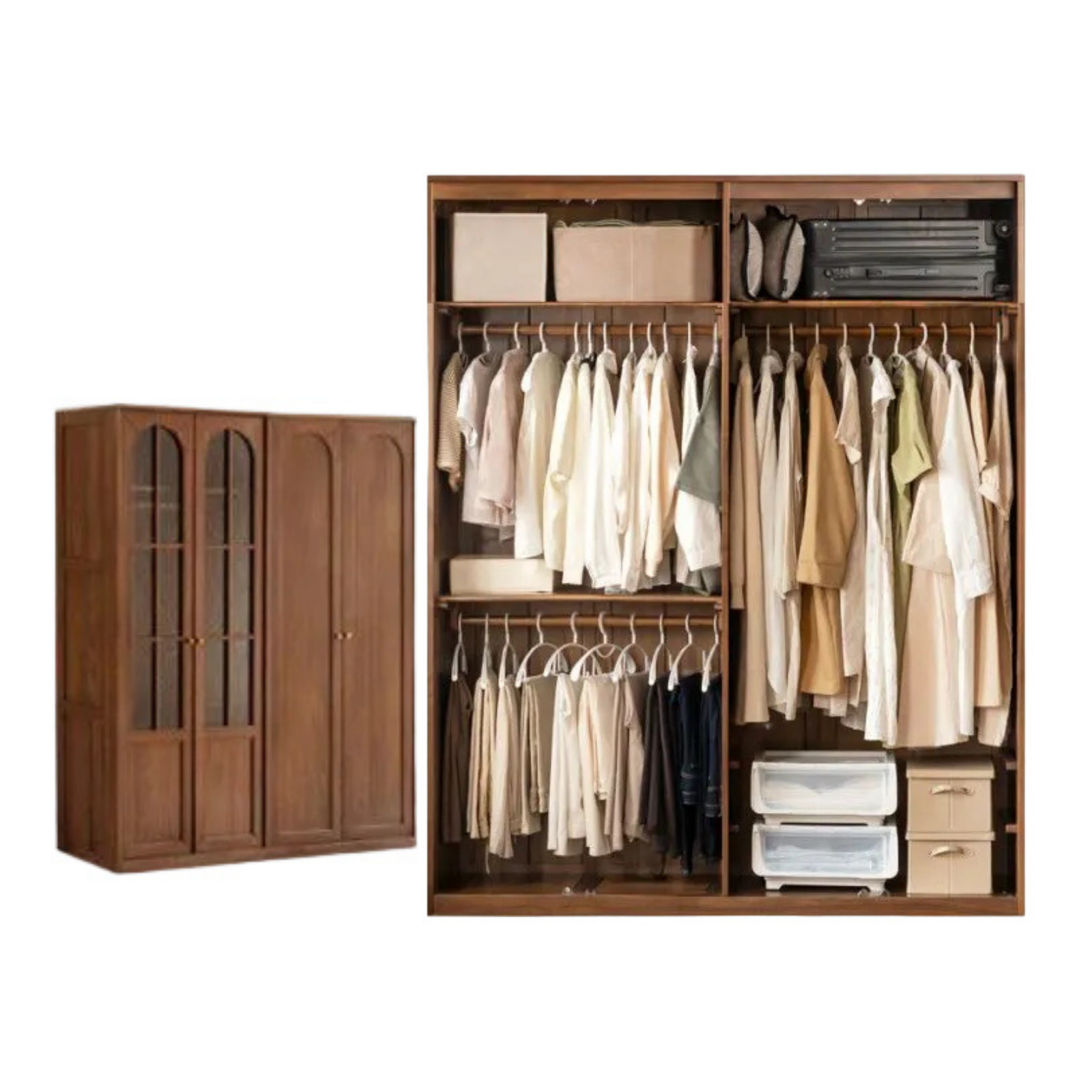 Black Walnut Solid Wood Wardrobe with French Retro Style and Double Doors
