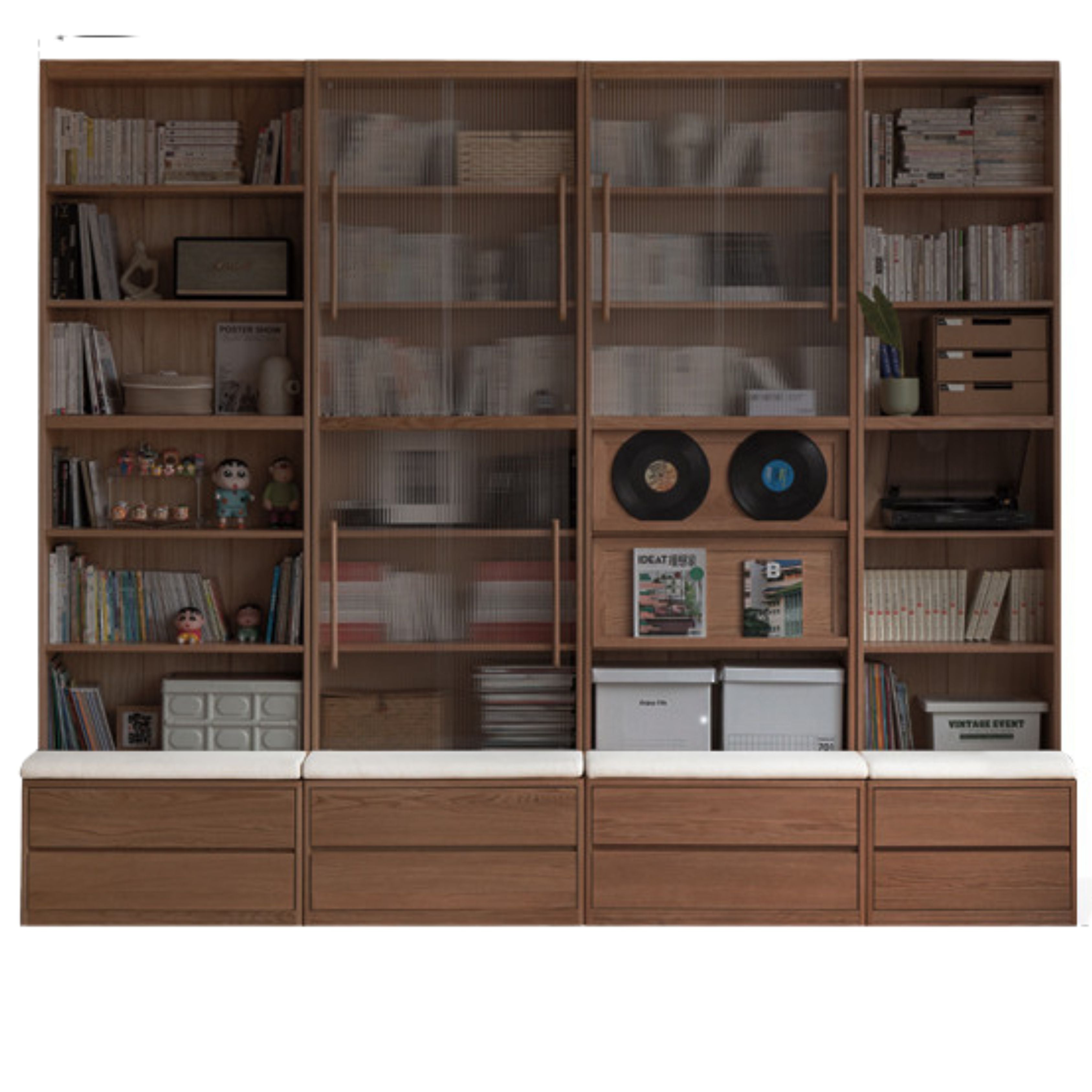 Black Walnut, Oak, Sandalwood, Ash Solid Wood Light Luxury Combined Bookshelf With Seat