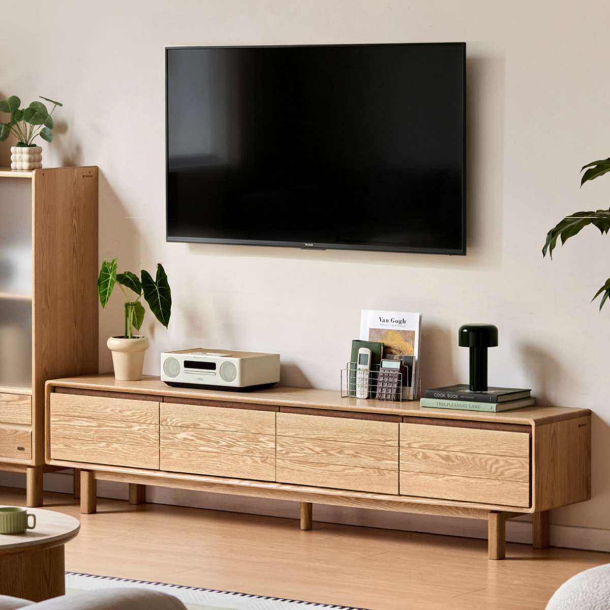 Oak Solid Wood Scandinavian TV Console with Two-Tone Color Block Doors