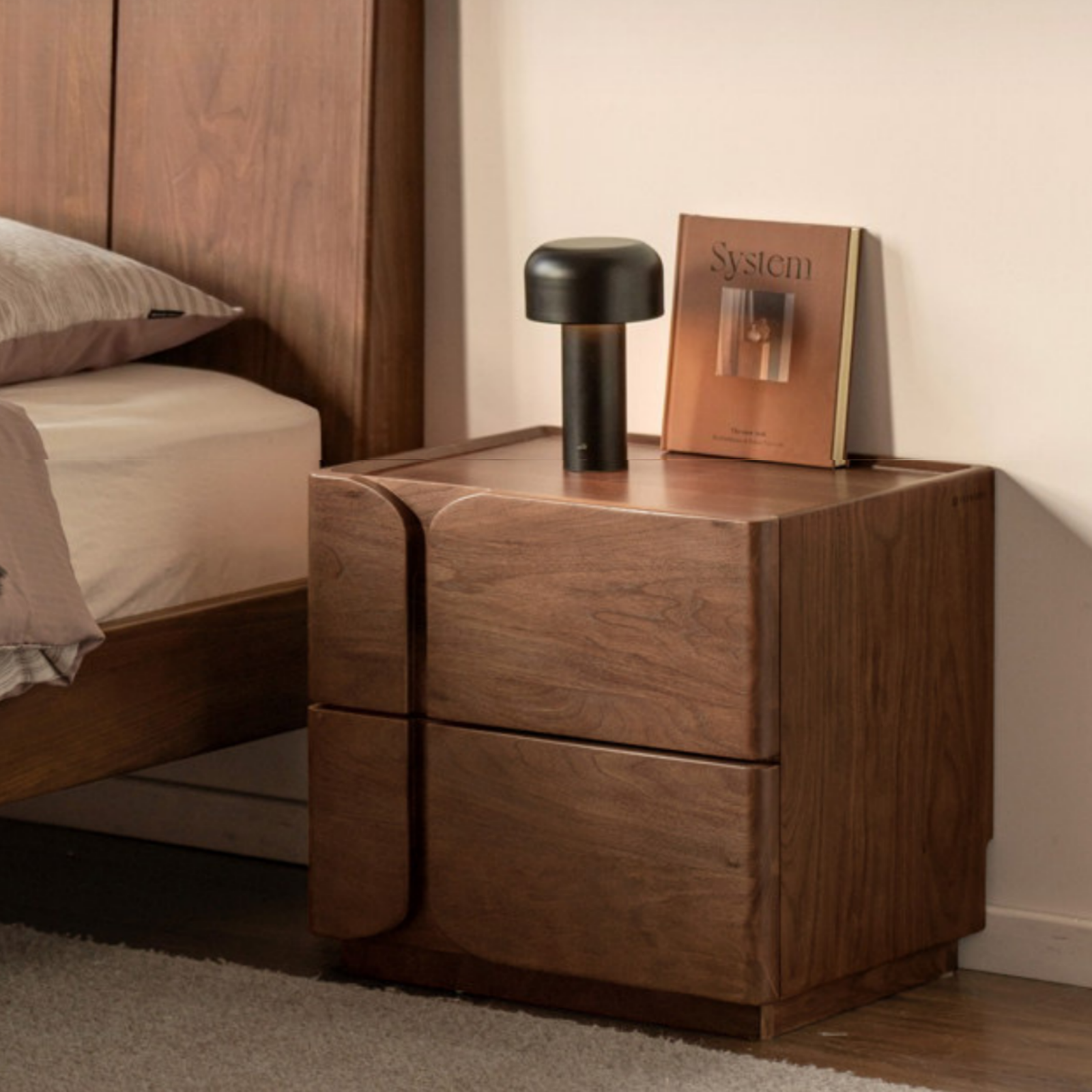 Black Walnut Solid Wood Nightstand with Light Luxury Storage Cabinet