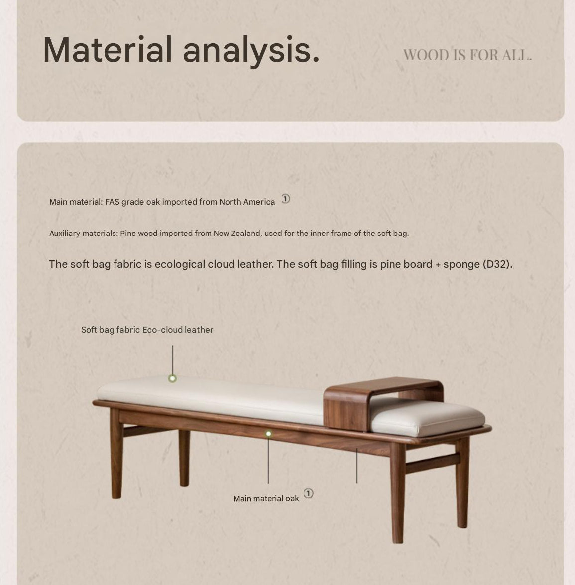 Black Walnut, Oak Solid Wood Soft Packed Bench