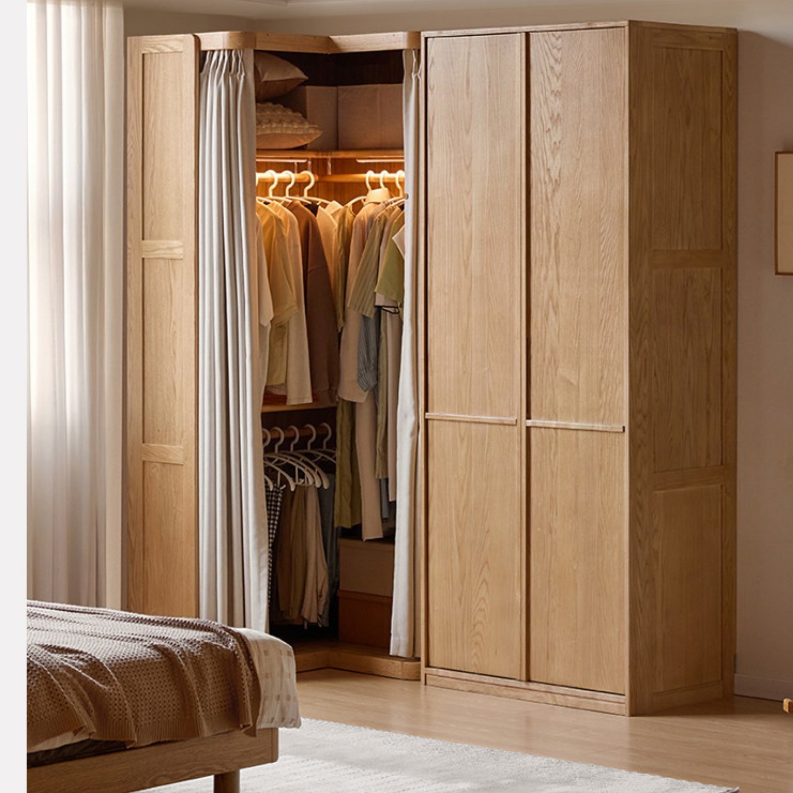 Oak Solid Wood Corner Wardrobe with Removable and Washable Fabric Curtain