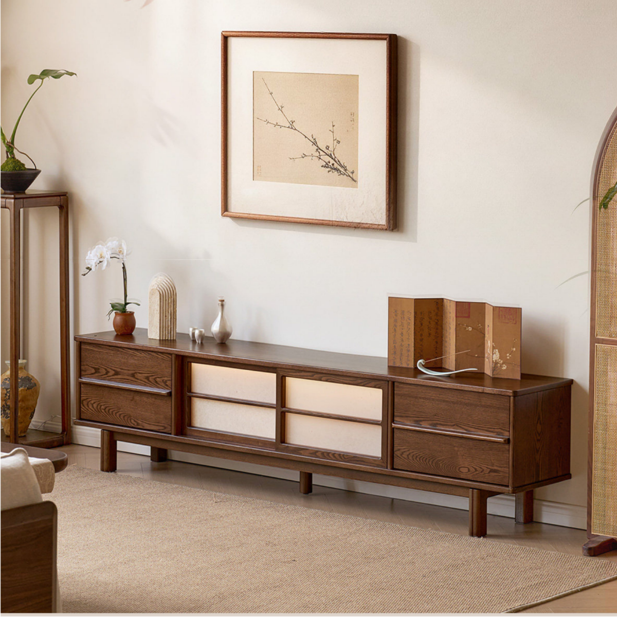 Ash Solid Wood Japanese Shoji-Style TV Console with LED Ambient Lighting