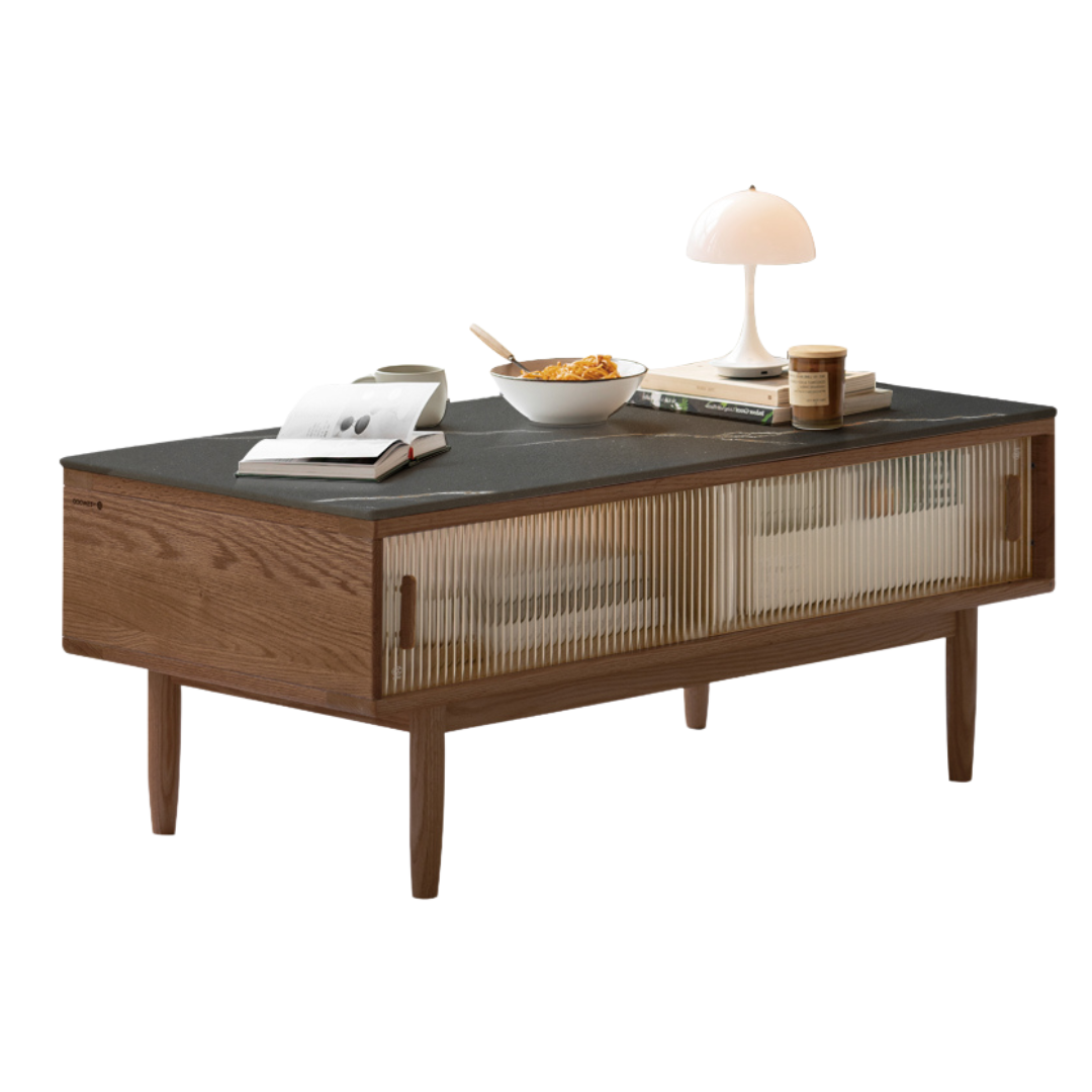 Oak, Beech, Solid Rubberwood Glass Doors Coffee Table