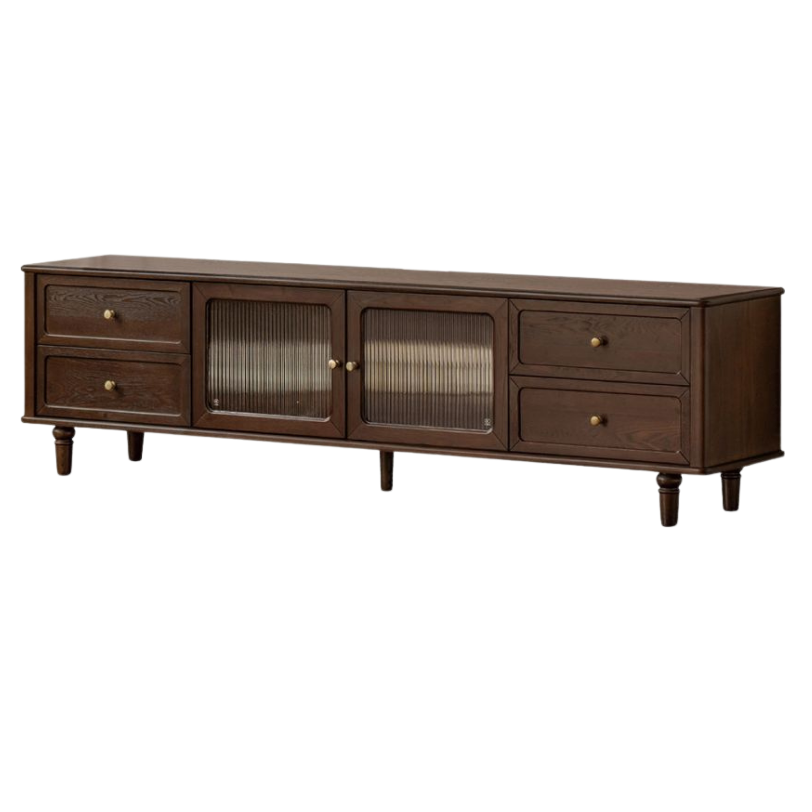 Ash Solid Wood Vintage TV Console with Fluted Glass Doors