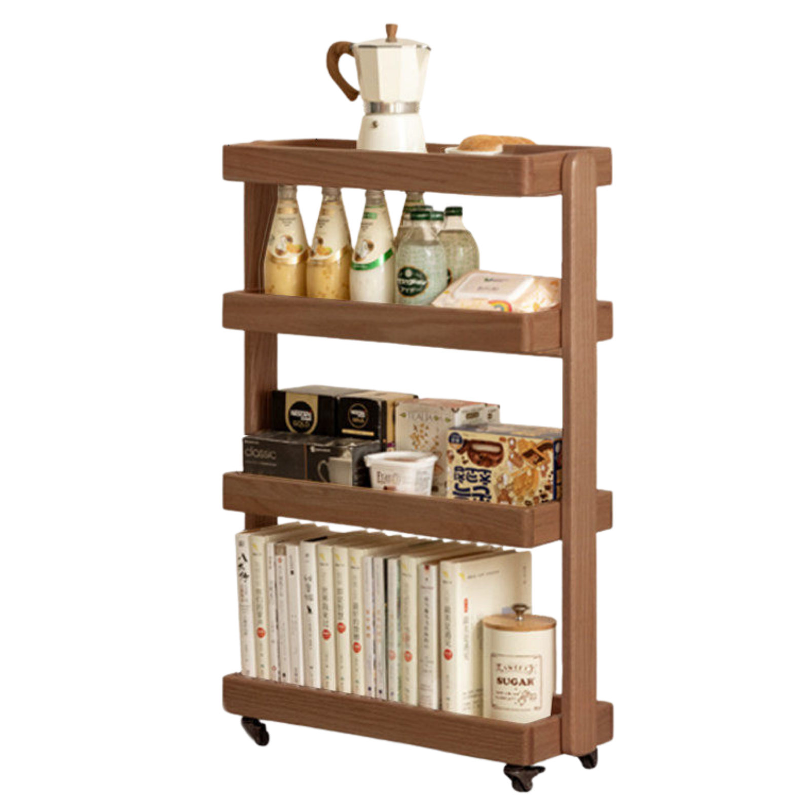 Oak Solid Wood Mobile Storage Rack Cart Ultra Narrow