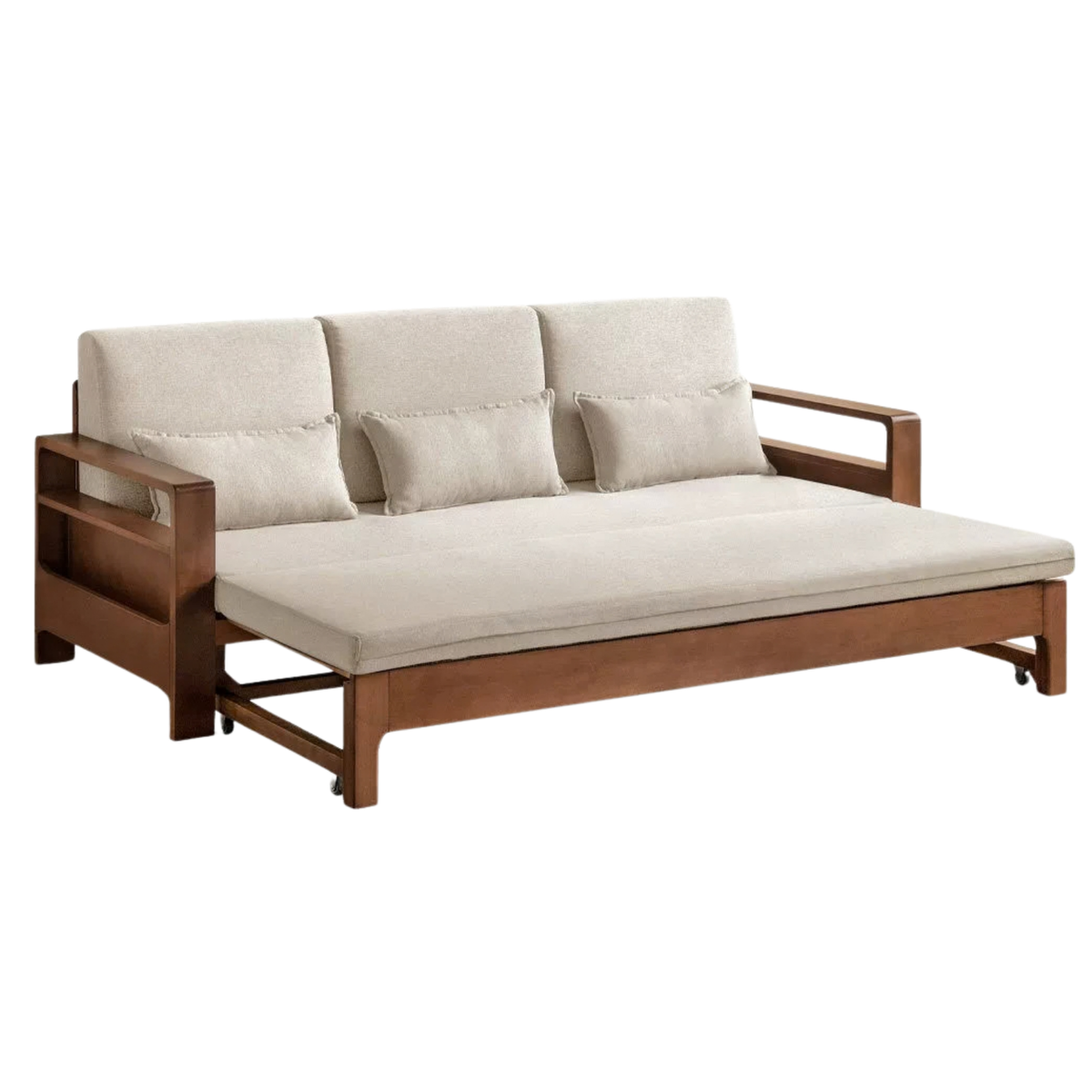 Oak, Beech Sofa Bed with Wood Frame and Side Storage Pocket