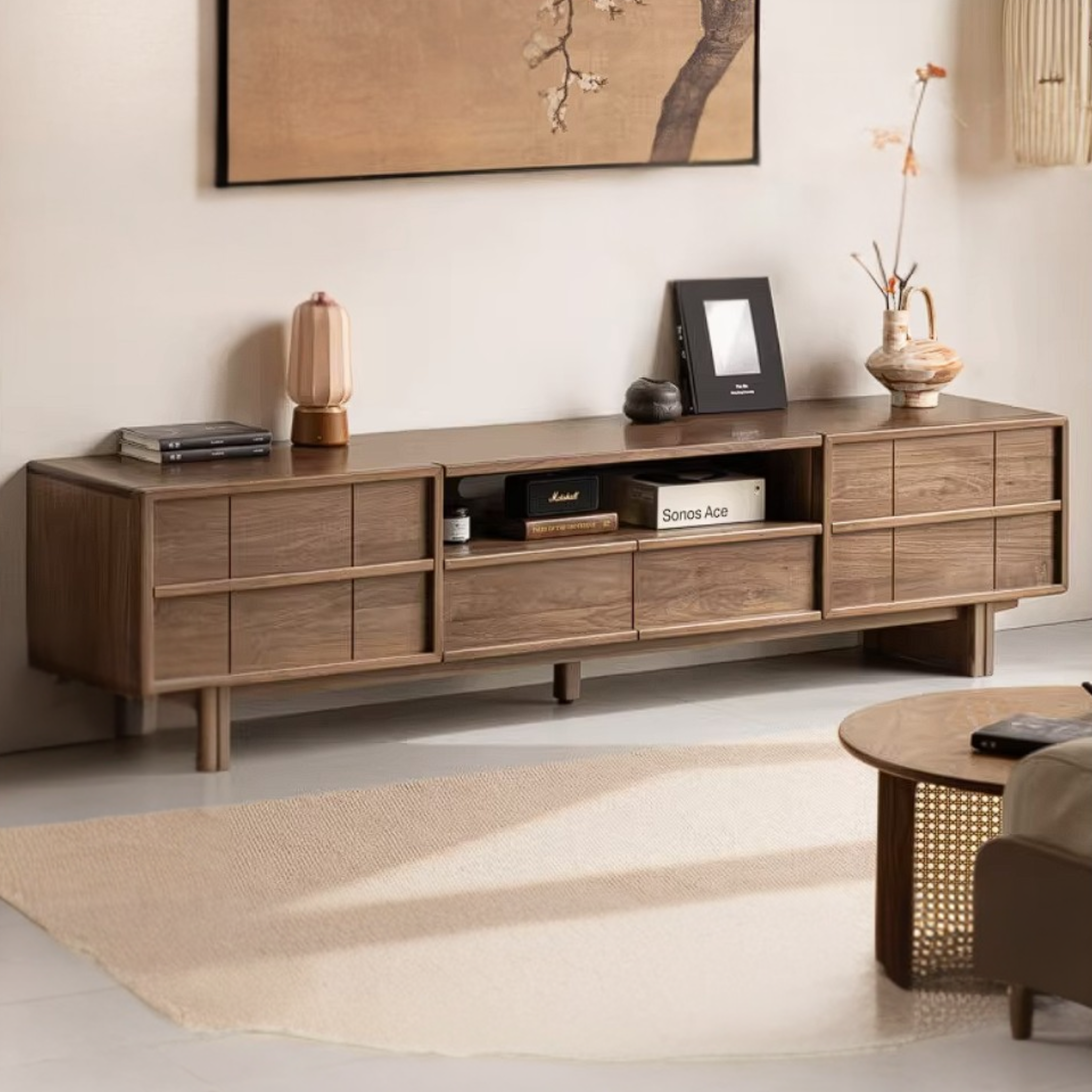 Black Walnut Solid Wood TV Cabinet with Aesthetic Style and Storage Drawers