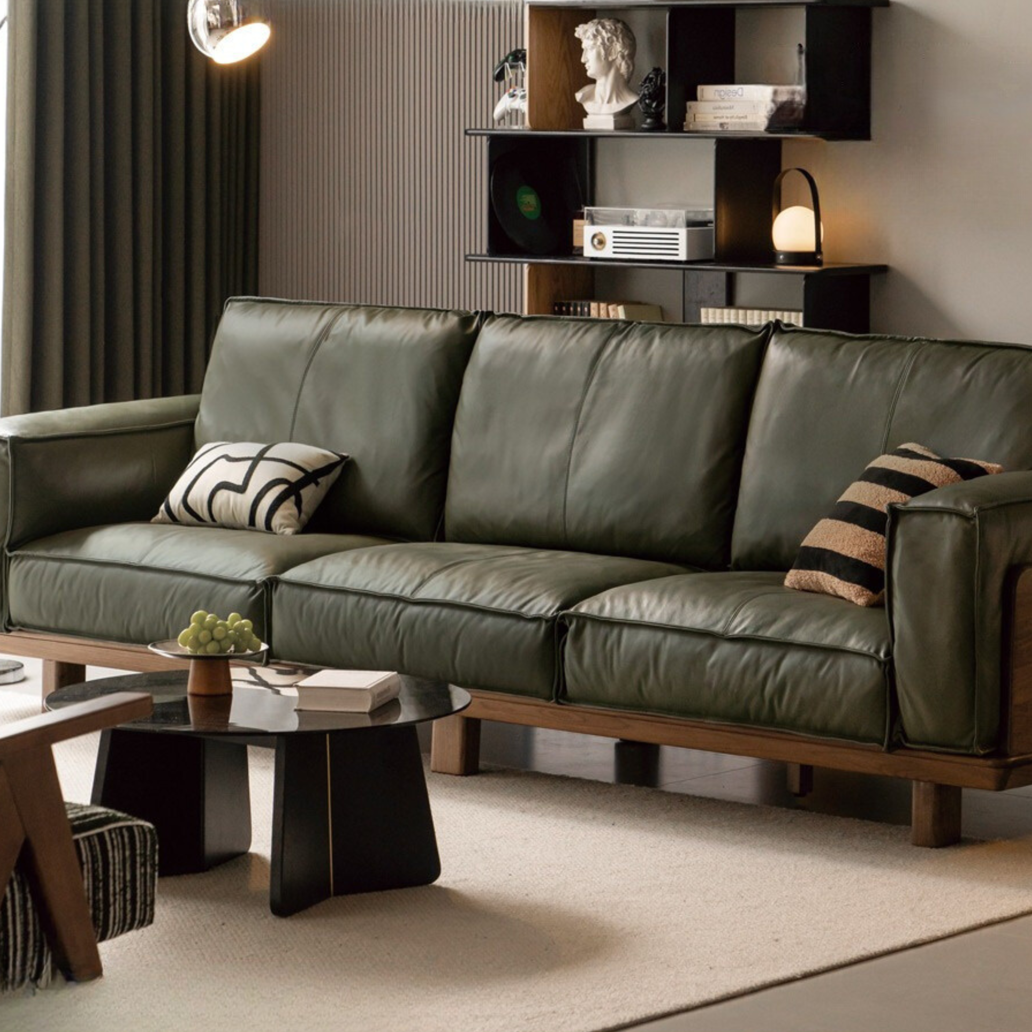 Black Walnut Solid Wood Leather Sofa.