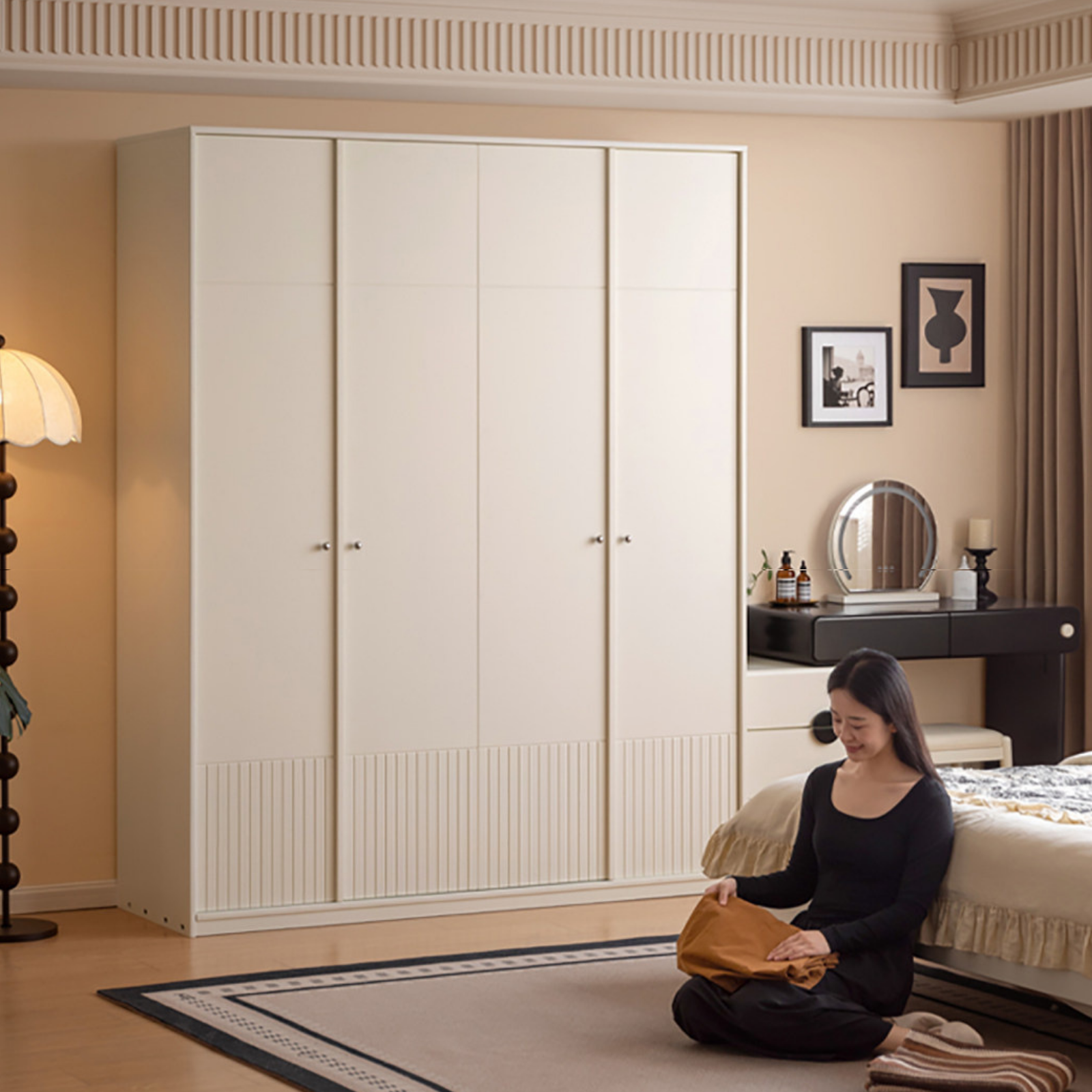 Pine Solid Wood Wardrobe with French Cream Finish and Double Doors