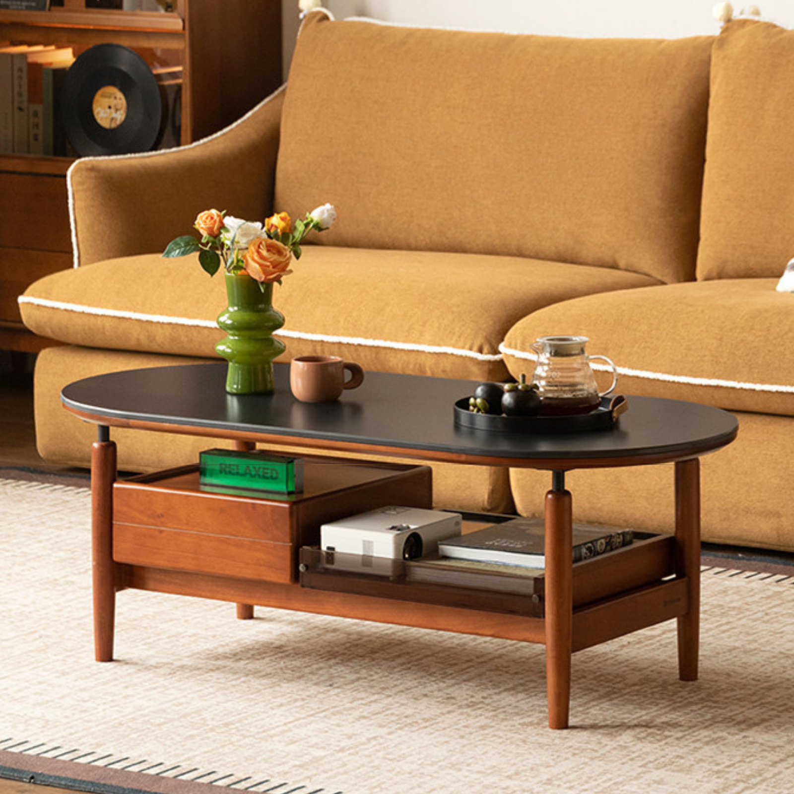Tulipwood Solid Wood Coffee Table with Rock Slab Top in Retro Style