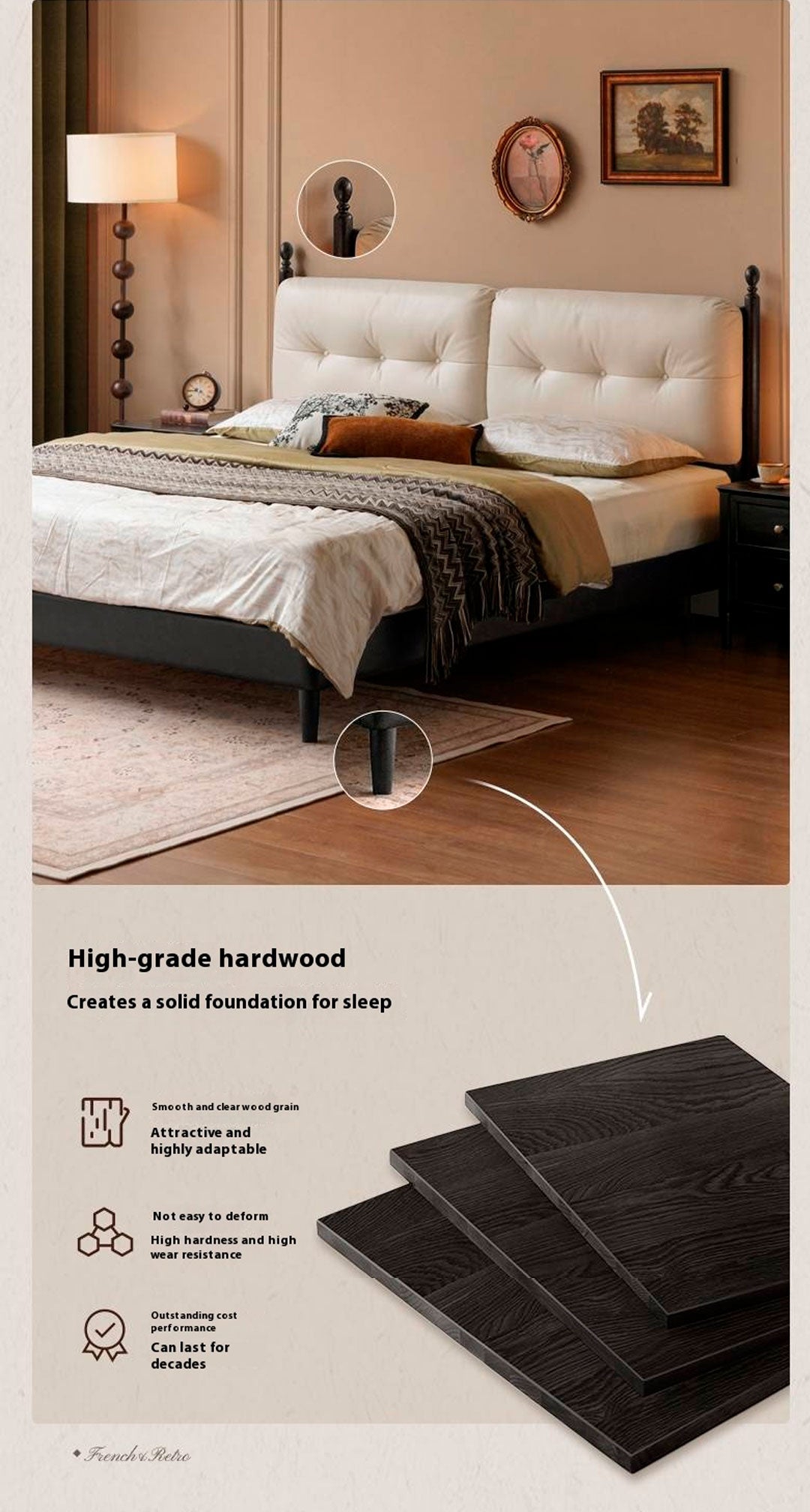 Genuine Leather Soft Bed French Retro Style