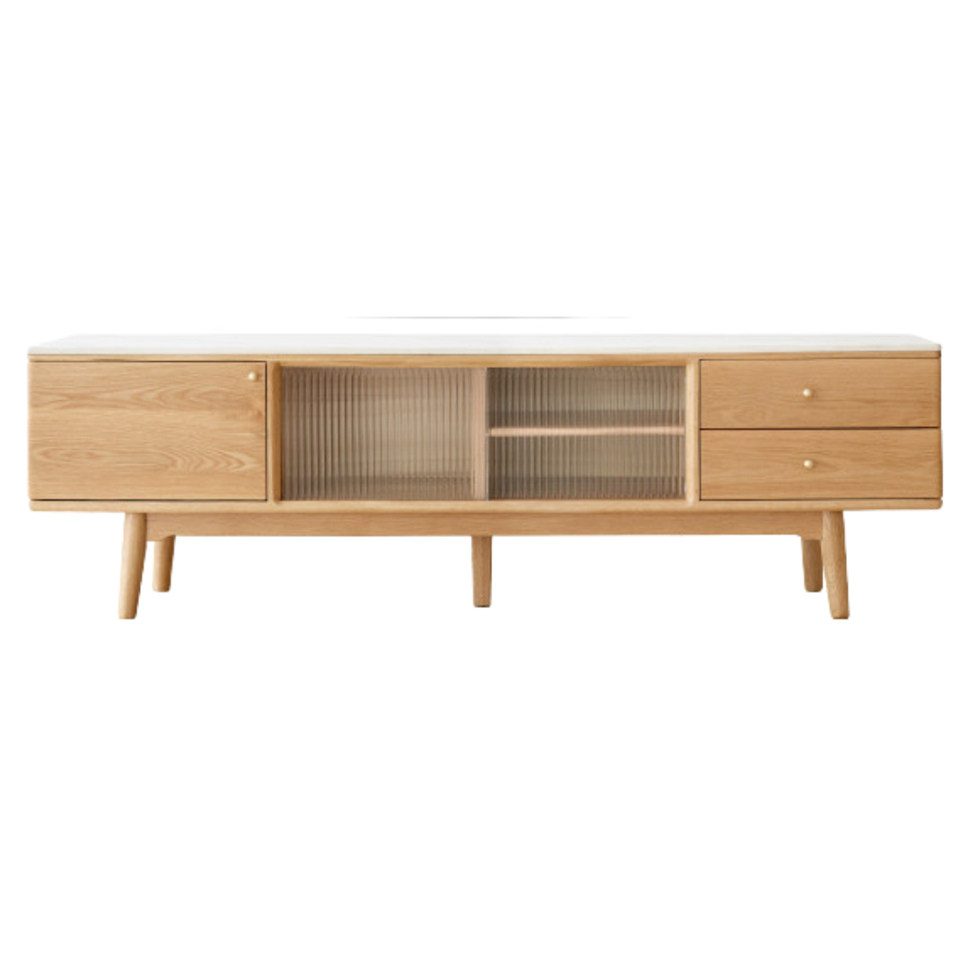 Oak, Poplar, Beech Solid Wood Sliding Door TV Stand With Rock Slab Surface.