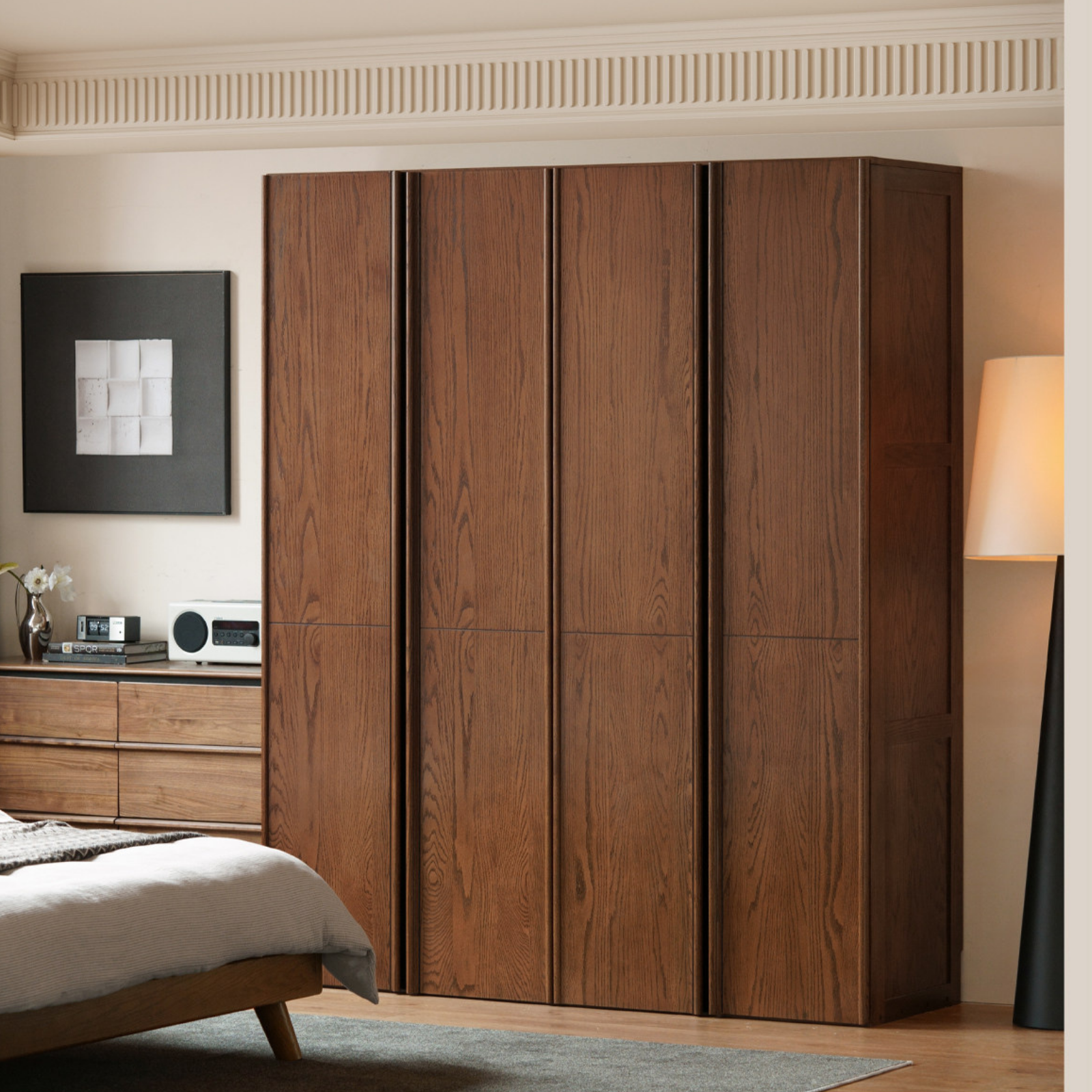Oak Solid Wood Wardrobe with Italian Light Luxury Style and Double Doors