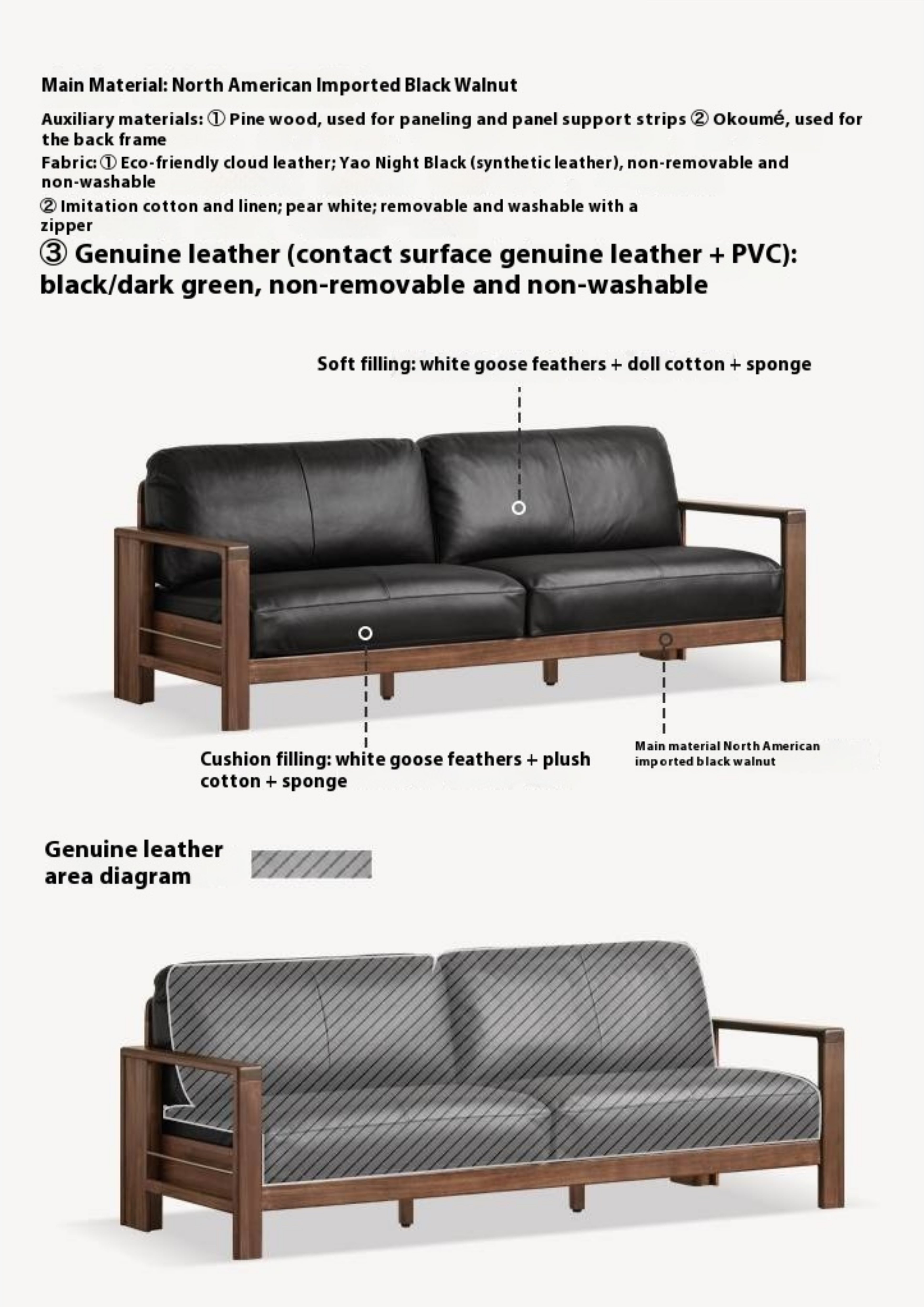 Black Walnut Solid Wood Leather Sofa