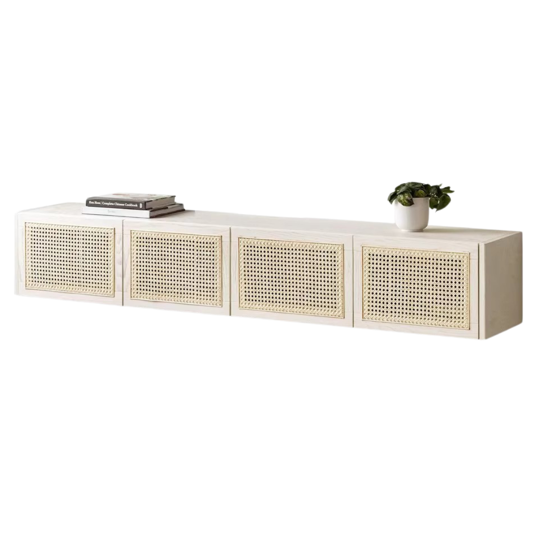 Ash Solid Wood Rattan TV Cabinet Cream Style LED Lights.
