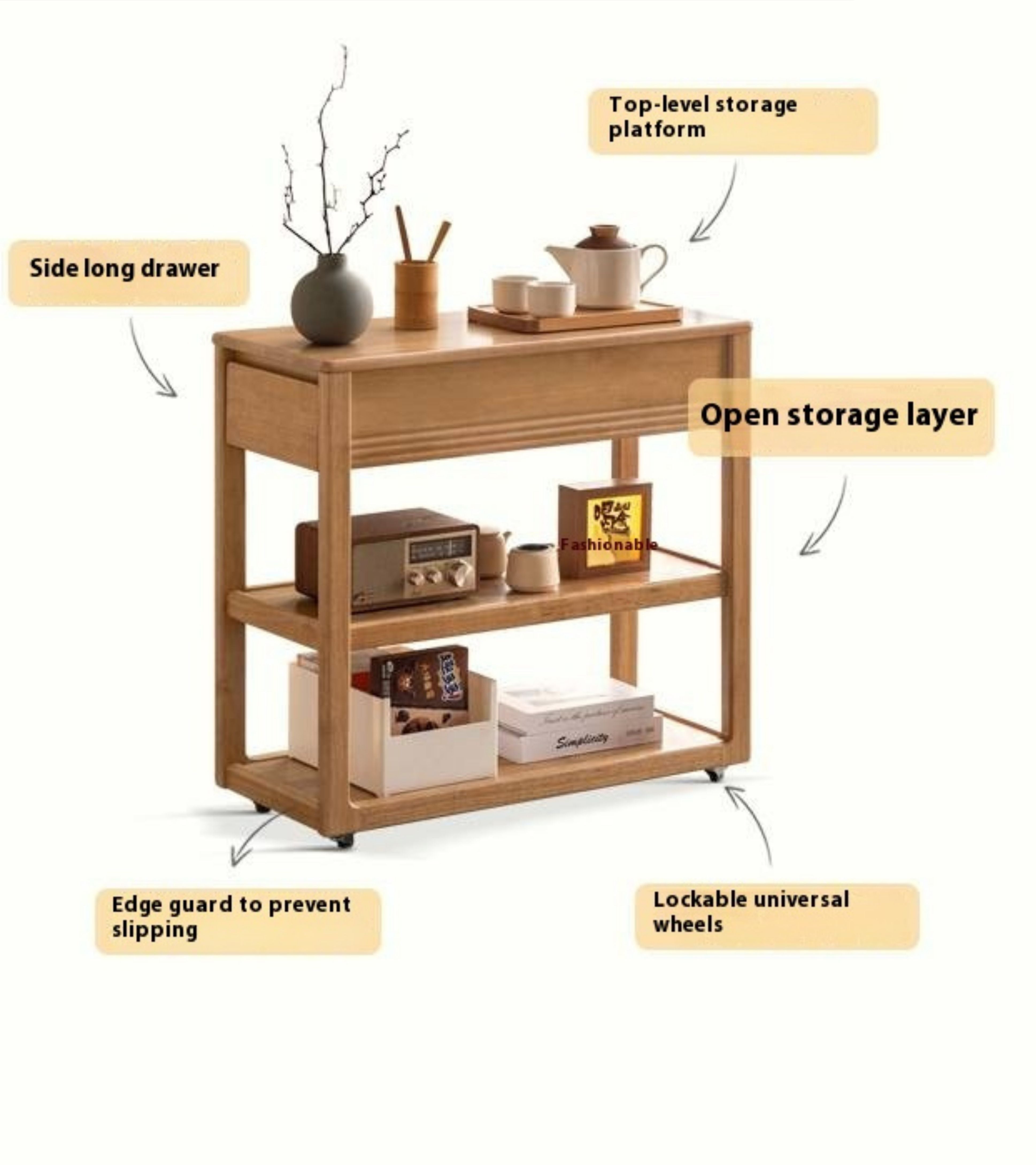 Solid Rubberwood Movable Tea Cabinet.