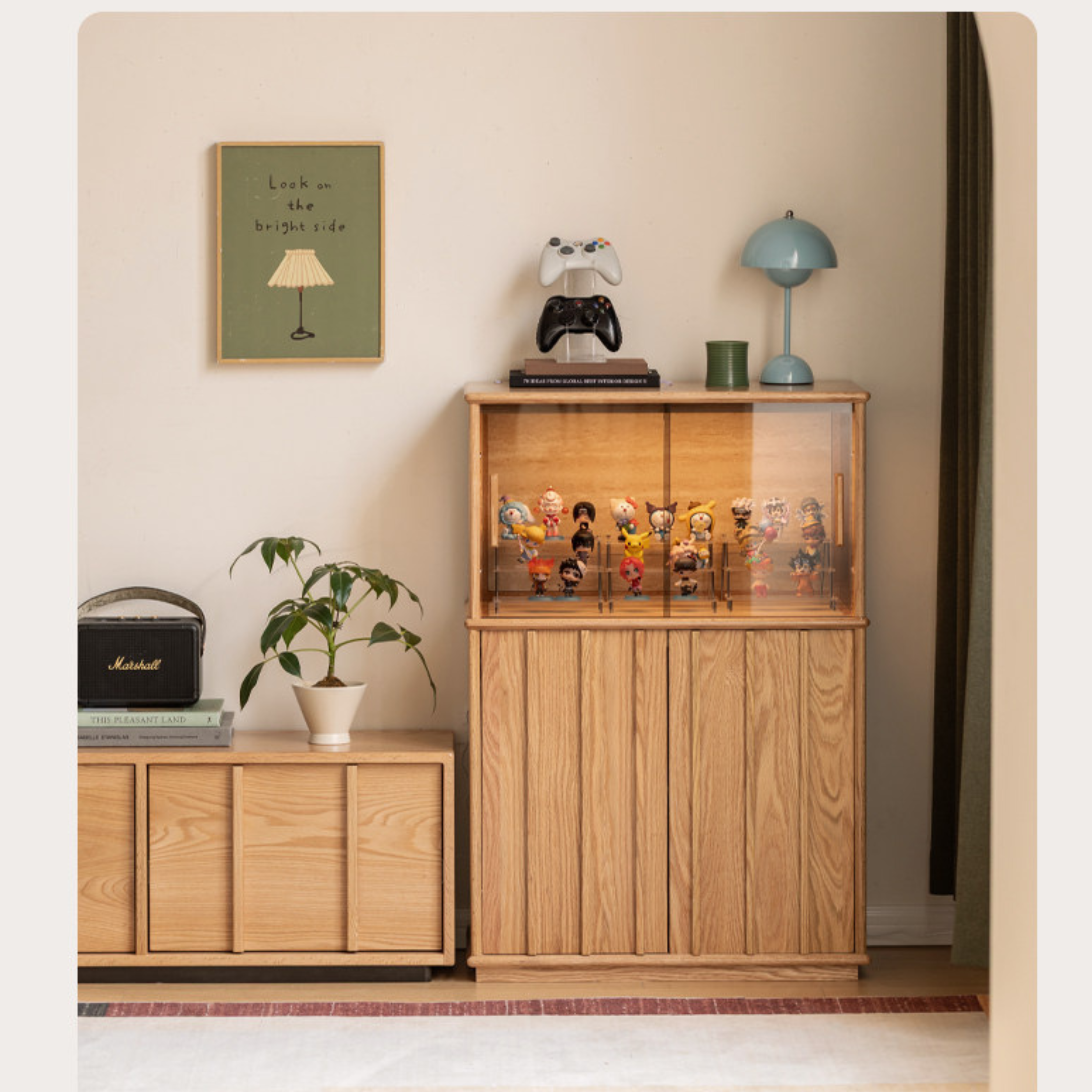Oak Solid Wood Lighted Display Cabinet with Glass Door and Fluted Wood Panels