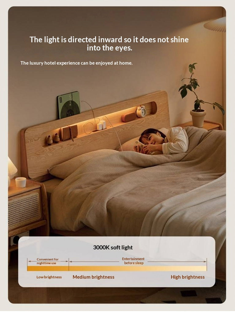 Oak Solid Wood Bed — Nordic Style with Socket and Storage