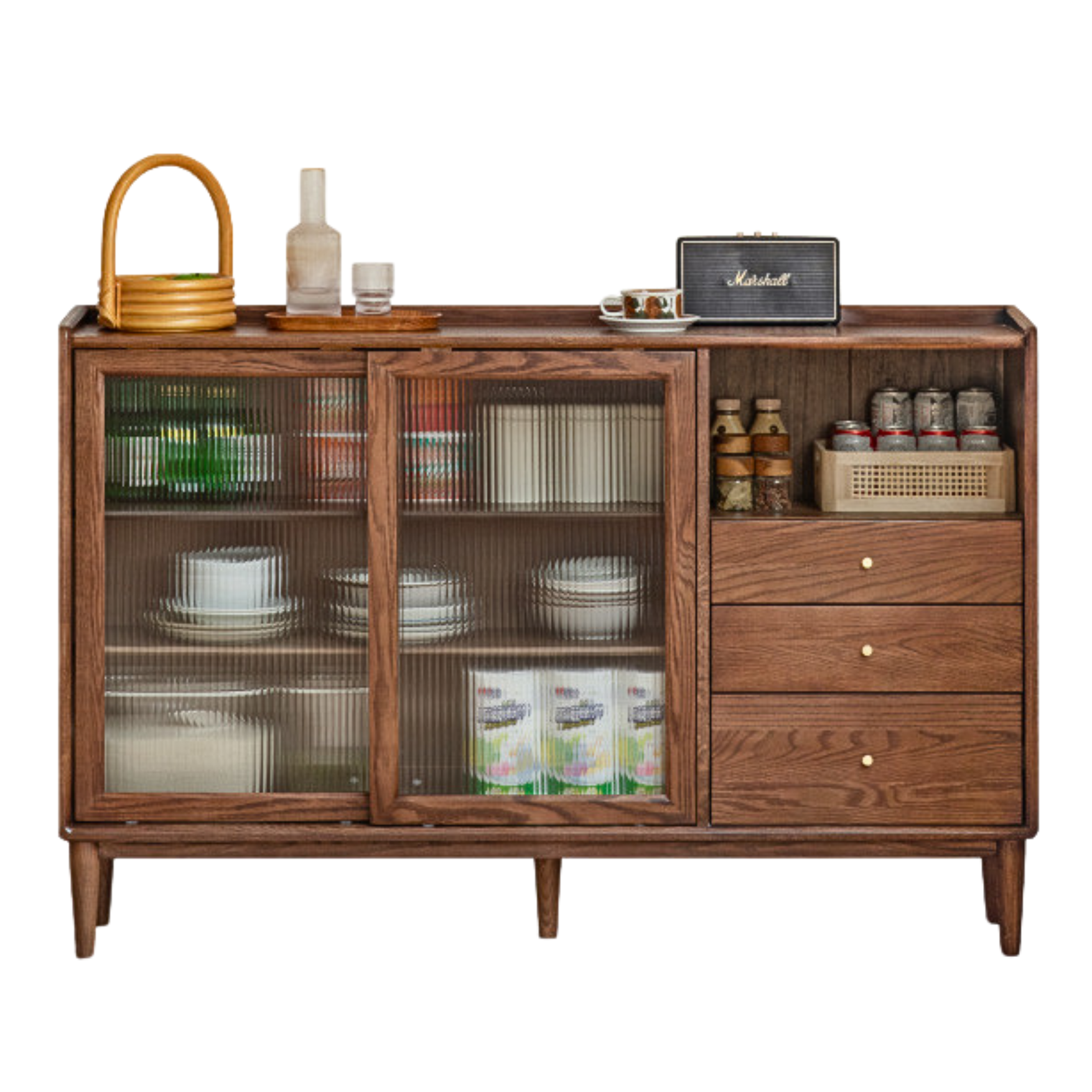 Oak, Ash, Black Walnut, Cherry, Beech Solid Wood, Solid RubberWood Ultra-thin Sideboard Sliding Door