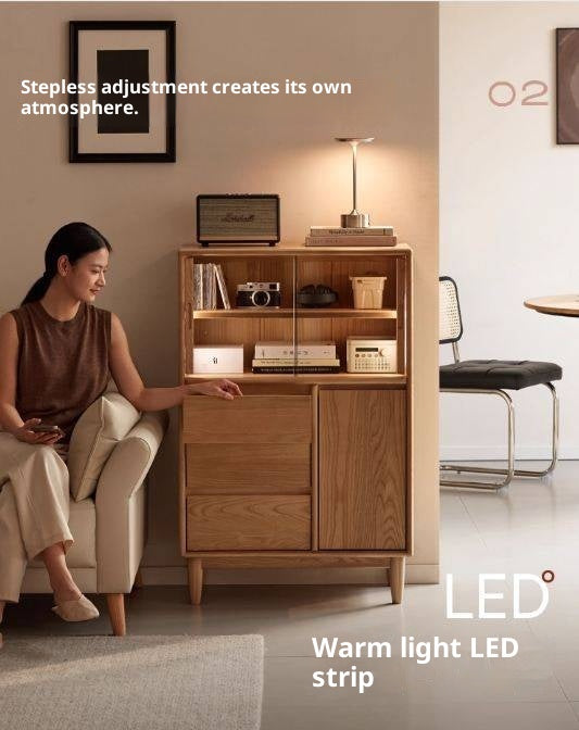 Ash Solid Wood Modern Minimalist Side Cabinet with Light.