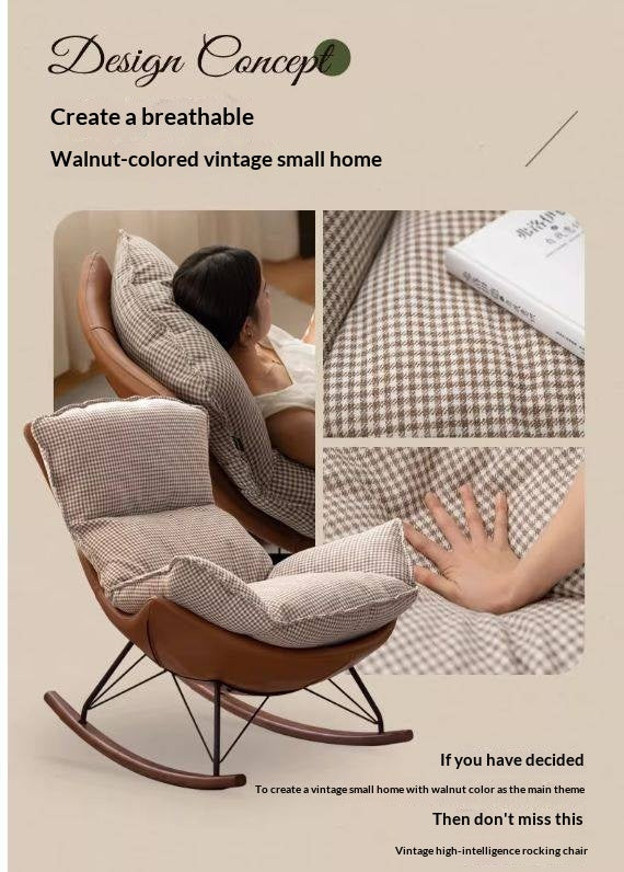 Beech Solid Wood Mid-Century Rocking Accent Chair with Houndstooth Cushion