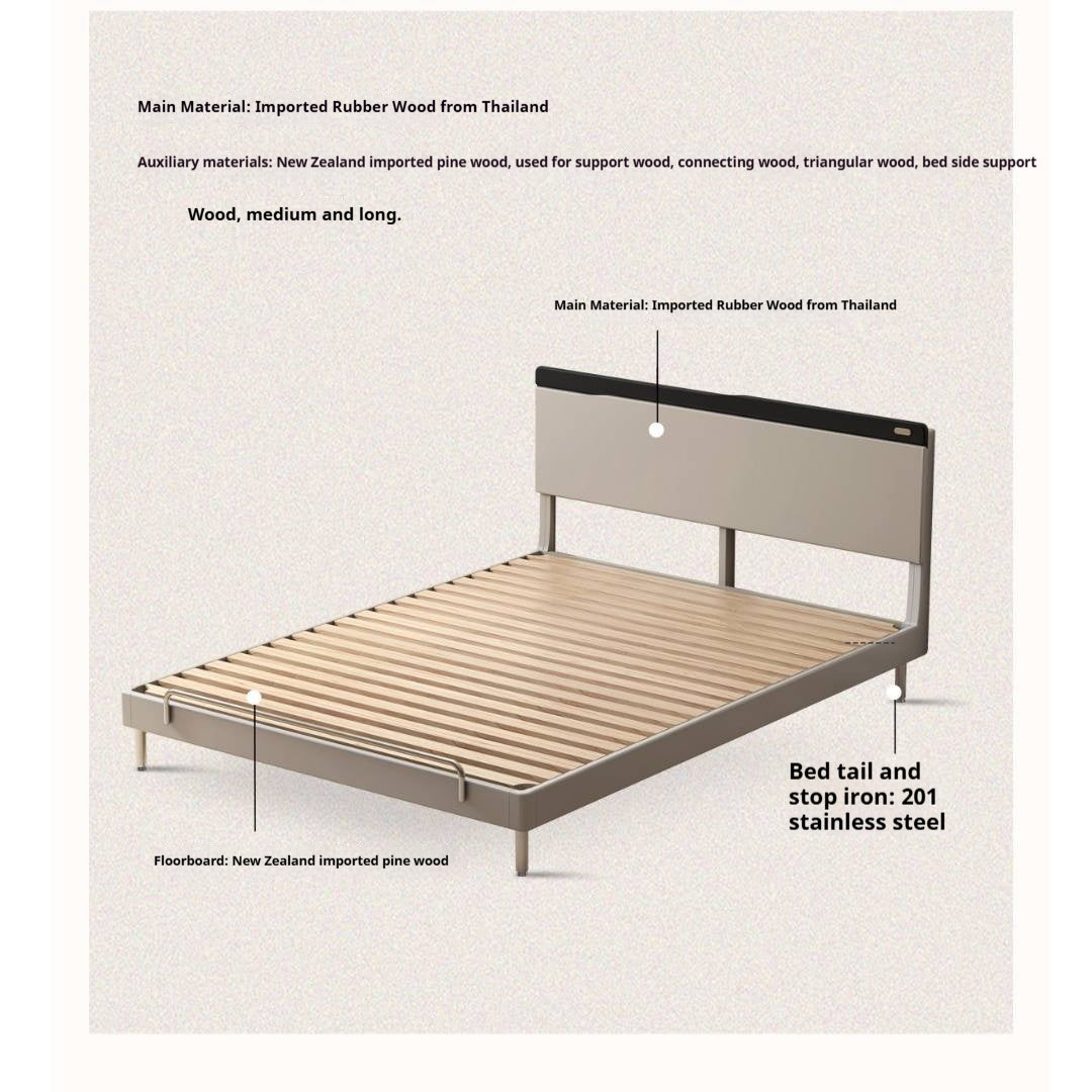 Rubberwood Solid Wood Bauhaus Platform Bed with Adjustable Headboard and Stainless Steel Legs