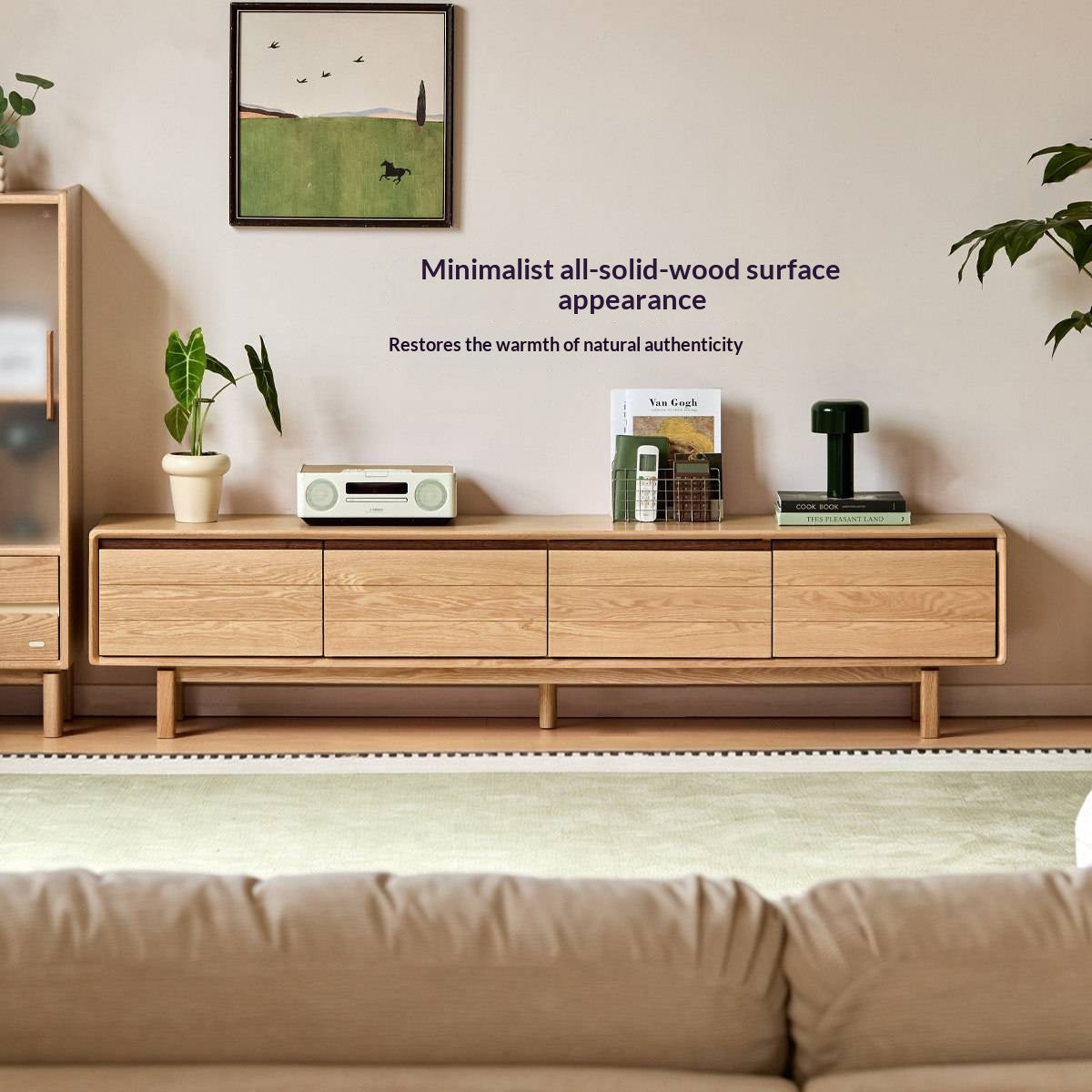 Oak Solid Wood Scandinavian TV Console with Two-Tone Color Block Doors