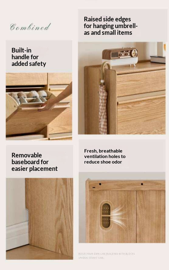 Oak Solid Wood Slim Entryway Shoe Cabinet with Tilt-Out Compartments and Drawers