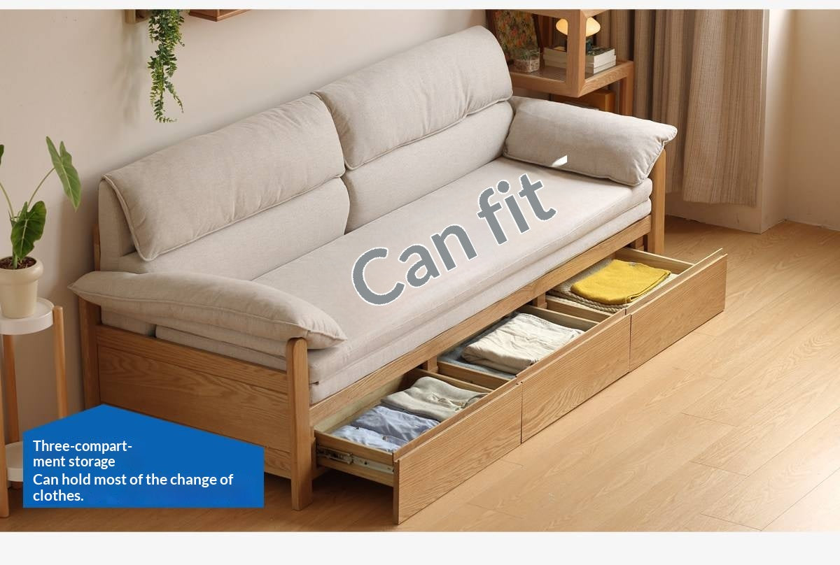 Oak Solid Wood Sofa Bed with Under-Seat Storage Drawers