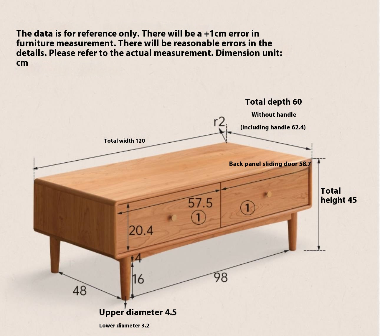 Cherry Solid Wood Storage Coffee Table with Hidden Drawers