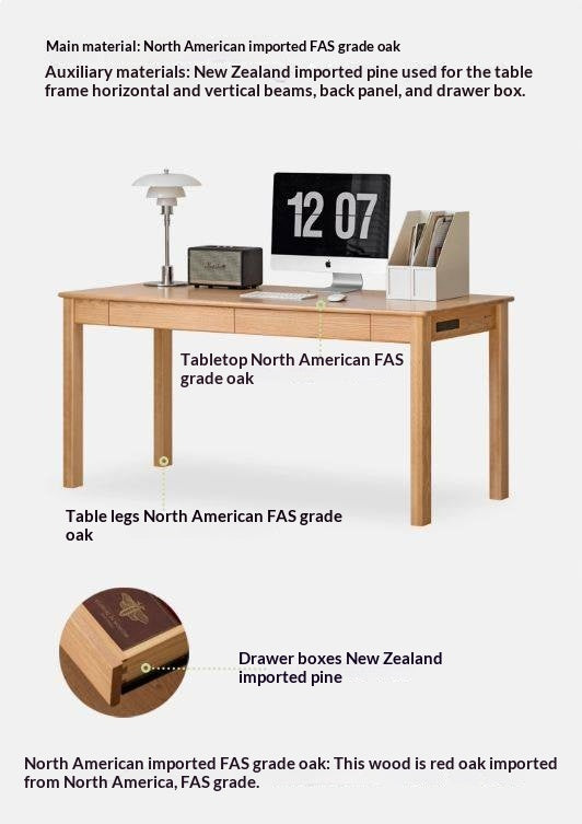 Oak, Ash Solid Wood Nordic Style USB Office Desk