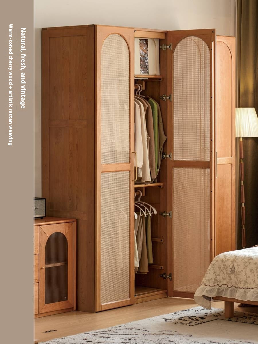 Cherry Solid Wood Swing Door Rattan Wardrobe