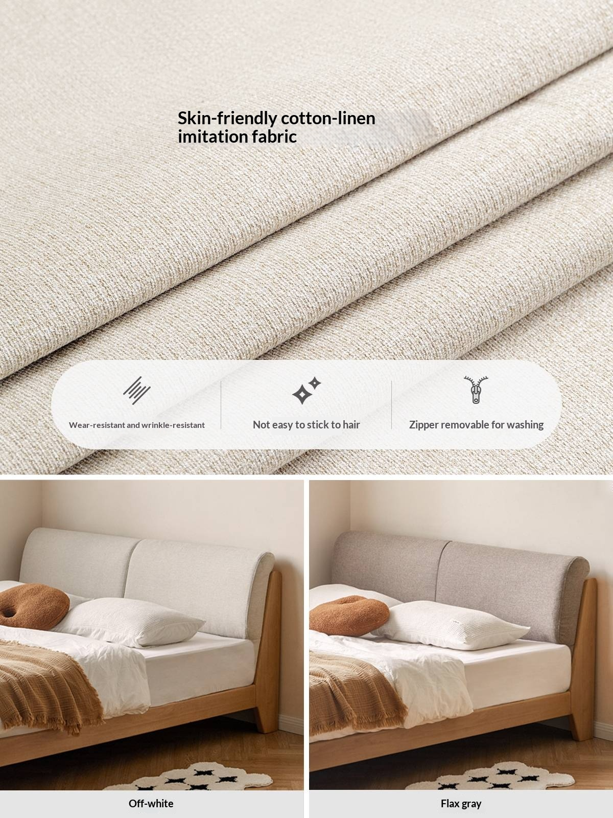 Beech Solid Wood Upholstered King Bed — Soft Headboard with Fabric Upholstery