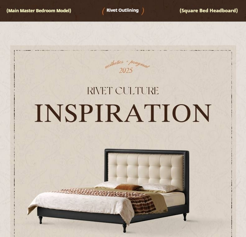 Luxury Genuine Leather Soft Headboard Bed, American Style Riveted Bed