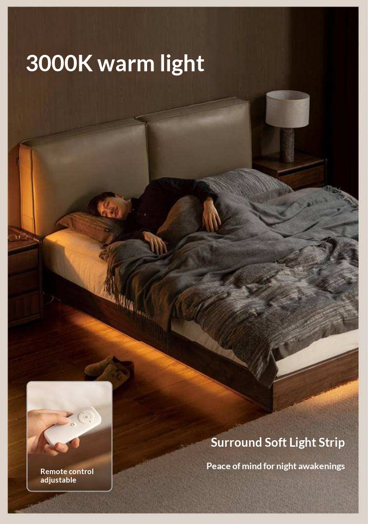 Black Walnut Solid Wood Box Bed — Italian Light Luxury, Genuine Leather Upholstered Headboard