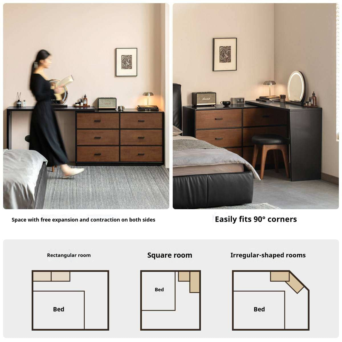 Solid RubberWood Extendable Vanity Desk and Dresser Combo, Italian Style