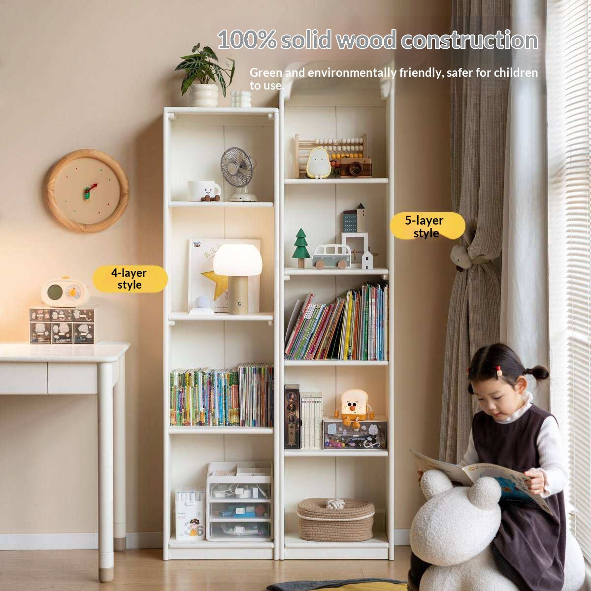 Solid RubberWood, Beech Solid Wood Kids Corner Bookcase, Narrow Floor-to-Wall Storage