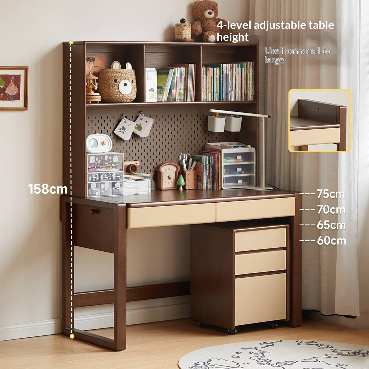Solid Rubberwood Children's Desk With Bookshelf