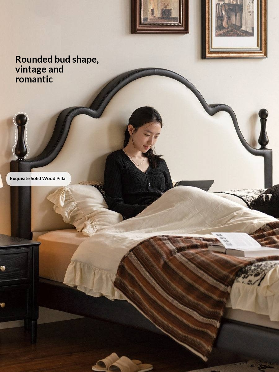 Eco-Friendly Cloud Leather Bed — French Retro Style Upholstered Fabric Bed