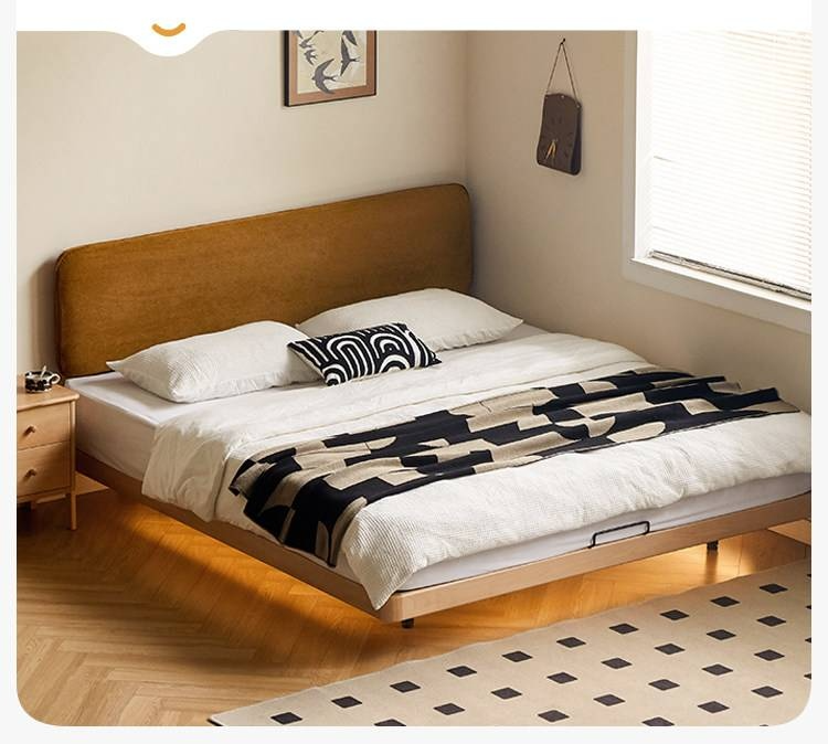 Beech Solid Wood Upholstered Bed — Retro Style with Floating Design, Luminous Light, Luxury Finish