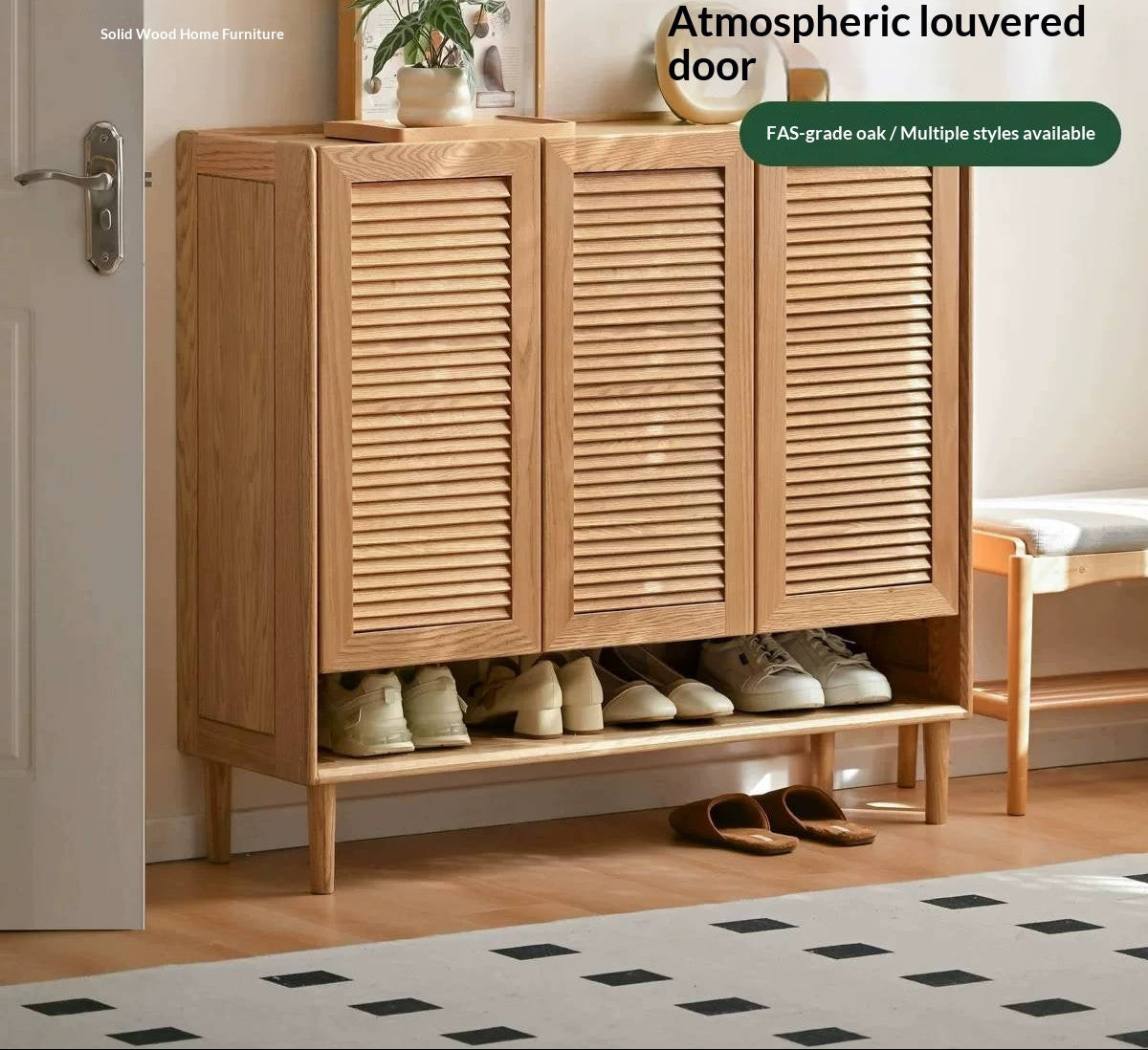 Oak Solid Wood Louvered Door Shoe Cabinet with Open Shelf for Entryway