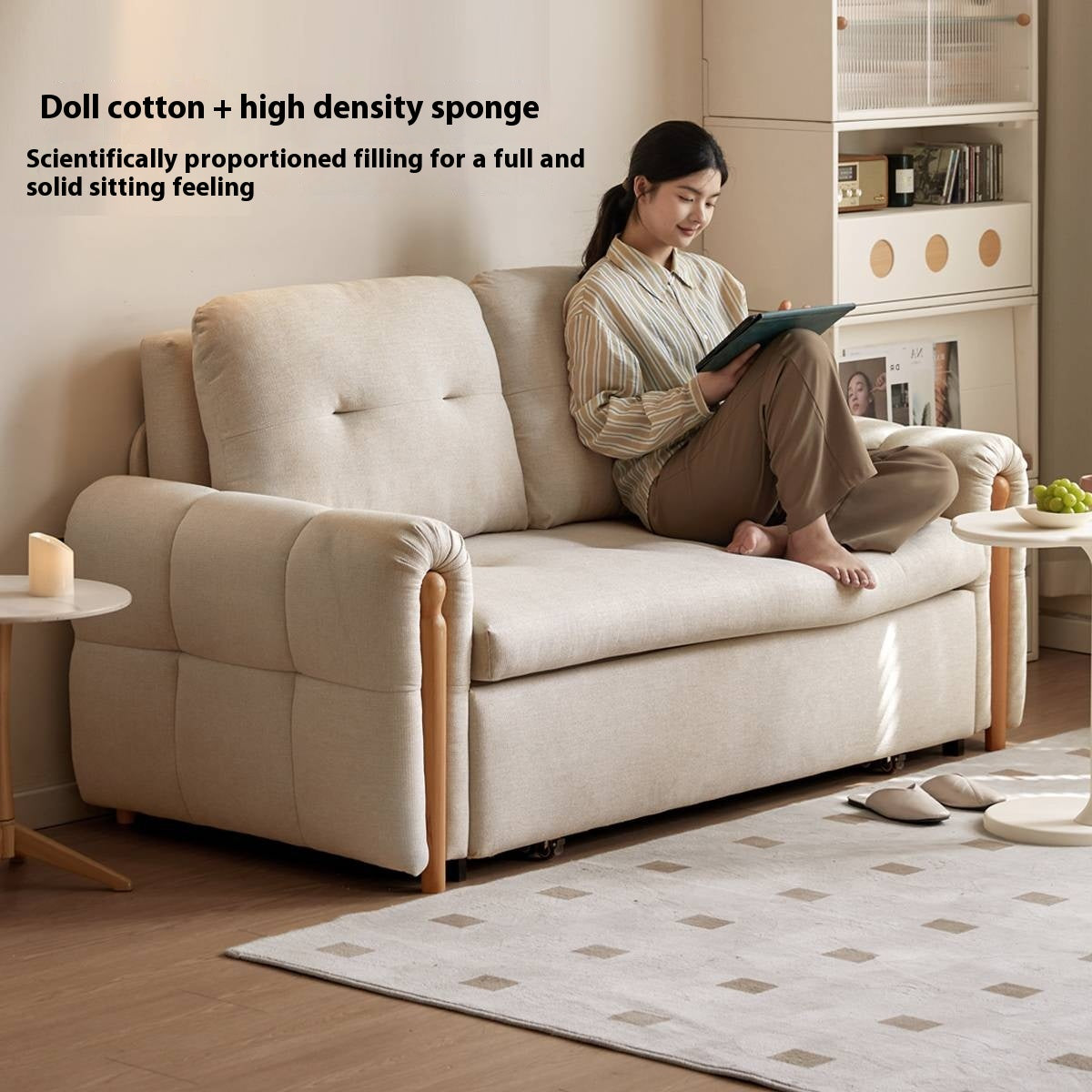 Fabric retractable sofa bed white cream style dual-purpose