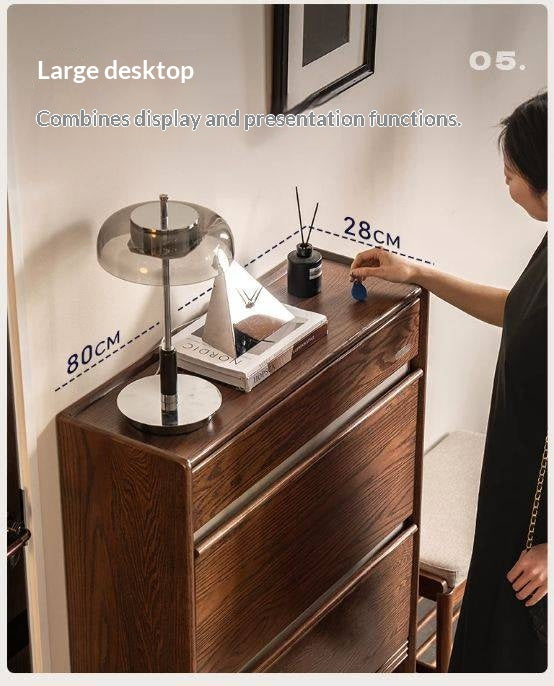 Oak Solid Wood Modern Shoe Cabinet with Flip Drawers and Open Shelf