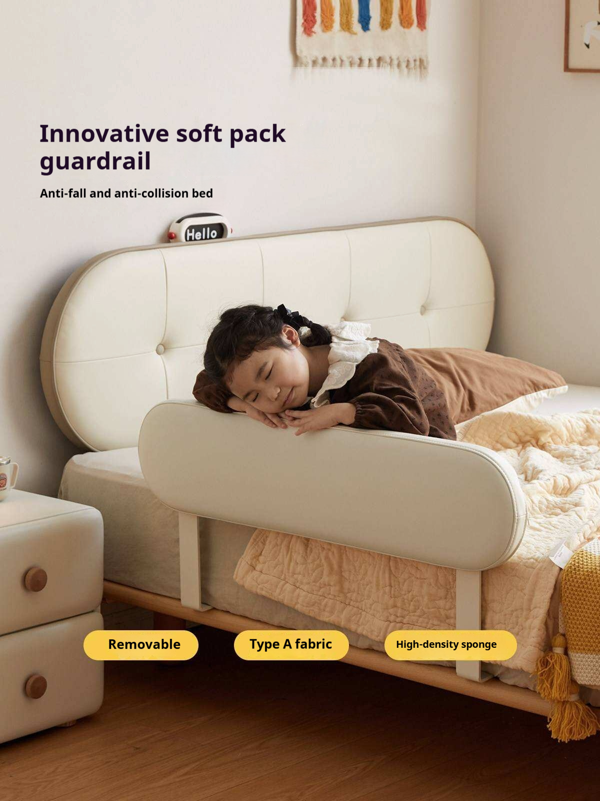 Beech Solid Wood Kids Floating Platform Bed with Upholstered Headboard and Optional Guardrails