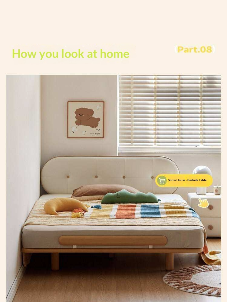 Beech Solid Wood Kids Floating Platform Bed with Upholstered Headboard and Optional Guardrails