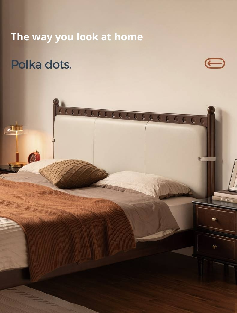 Poplar Solid Wood Genuine Leather Soft Backrest Bed Retro Vintage