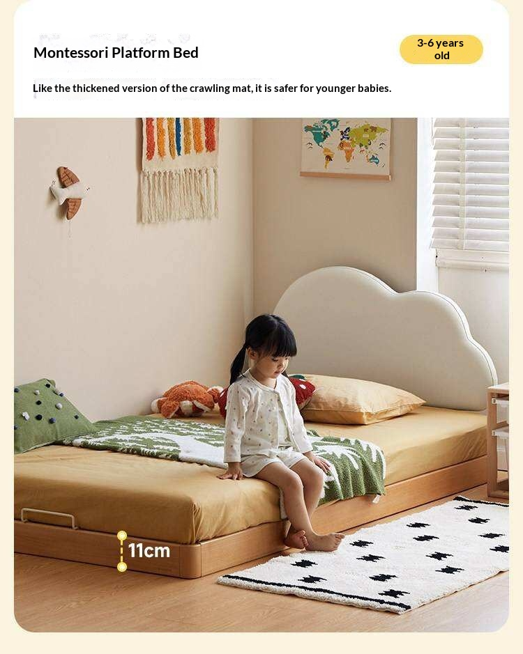 Beech Solid Wood Upholstered Kids Bed with Cloud-Shaped Headboard