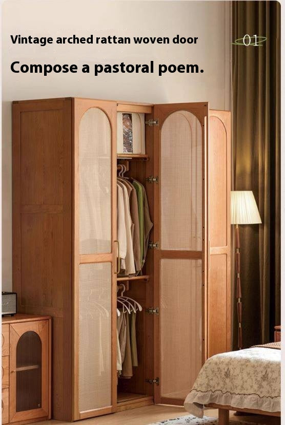 Cherry Solid Wood Swing Door Rattan Wardrobe